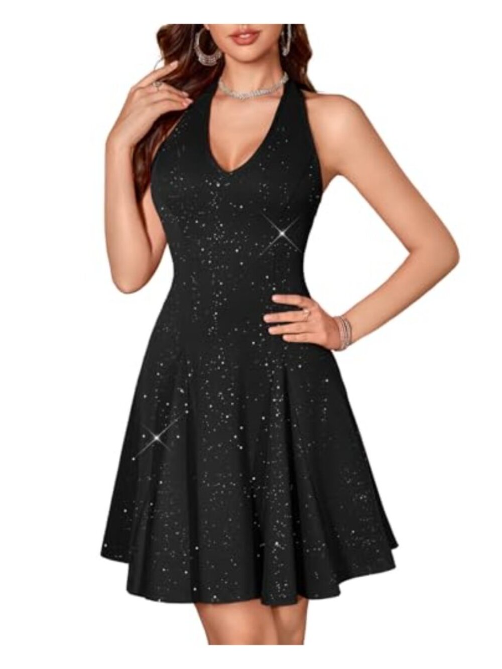 Sequined A-Line Mini Dress with Deep V-Neck and Backless Design